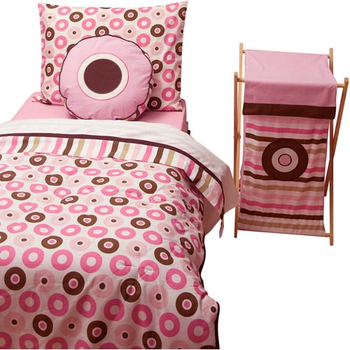Bacati - Mod Dots/Stripes 4-Piece Toddler Bedding set 100% Cotton percale, Pink/Chocolate