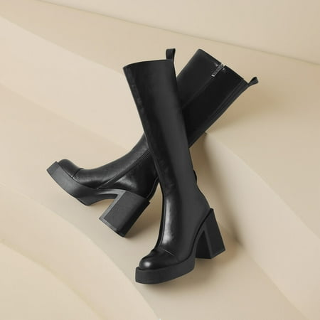 

Round toe cowhide Brown Knight boots women‘s high-top small chunky heel boots women‘s long boots thick-soled knee-high boots
