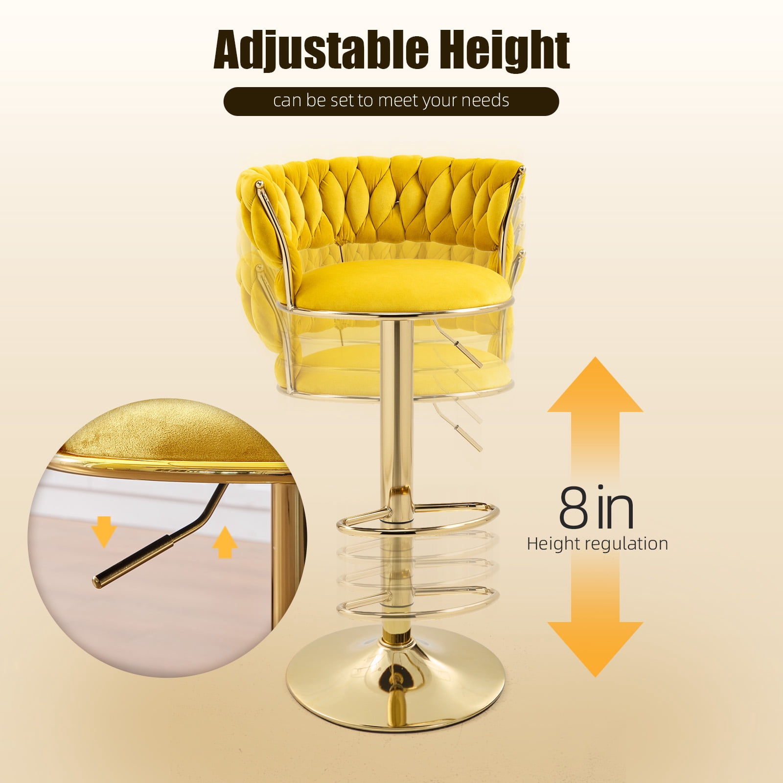 MOONMISS Velvet Bar Stools Set of 2,Height Adjustable Swivel Counter Chairs with Back,Modern Gold Metal Base for Kitchen Pub,Yellow