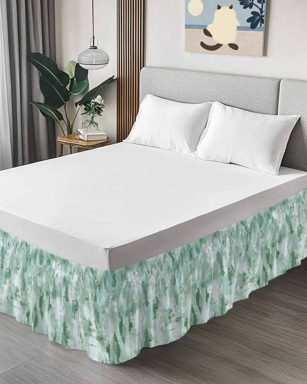 Green Abstract Wrap Around Bed Skirts for Queen Bed 18" Drop,Bed Skirt with Adjustable Elastic Belt Dust Ruffle Bed Valance for Bedroom Hotel Modern Oil Painted Art Contemporary Bed Frame Cover