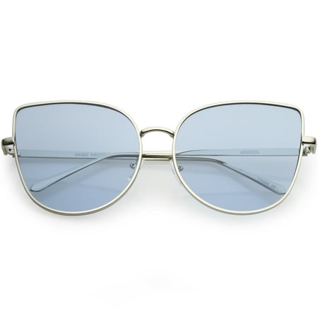 Oversize Metal Cat Eye Sunglasses Round Color Tinted Flat Lens 60mm (Silver / Blue)