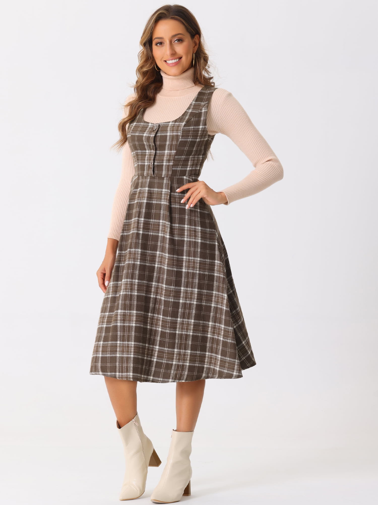DARING DIVA Women's Vintage Sleeveless A Line Midi Pinafore Dress XS Brown
