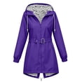 thumbnail image 5 of Women Waterproof Hooded Jackets Long Sleeve Striped Lined Belted Waist Zip Up Long Raincoat for Outdoor Hiking, 5 of 8
