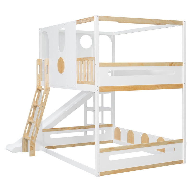 Full Size Versatile Kids Loft/Bunk Bed with Floor Bed, House Bed Frame with Slide, Storage Shelves and Guardrails