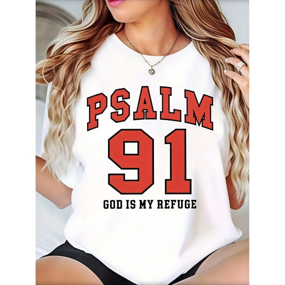 Women's Psalm 91 Christian T Shirt, God Is My Refuge Faith Graphic Tee, Inspirational Bible Verse Shirt, Religious Short Sleeve Cotton Top