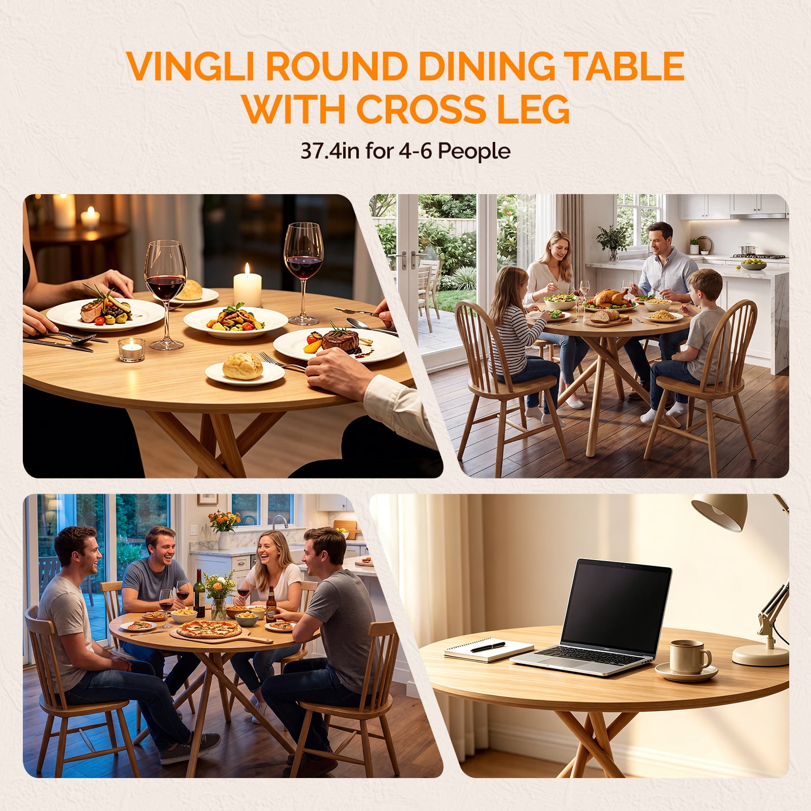 37.4 Inch Round Dining Table for 4-6 People, Cross X Metal Leg Kitchen Dinner Table with Adjustable Foot Pads, Easy Assembly Small Space Dining Room Table, Natural Wood Tone