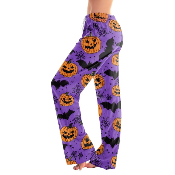 IYYVV Halloween Pajamas Women Pumpkin Ghost Printed Stretchy Soft Lightweight Spooky Orange Pj Pants Halloween Bottom Dark Purple L