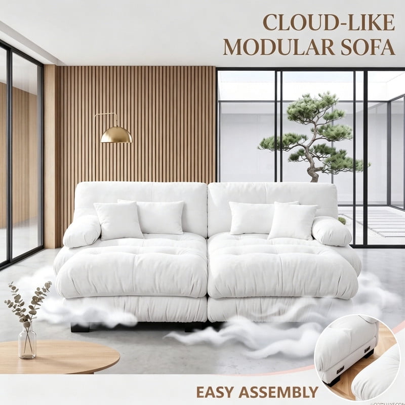 ANPPORT Cloud Couch Sleeper Sofa, Chenille White 2-Seater Modular Sofa with 2 Ottomans, 2 Lumbar pillows, 2 Pillows, Comfy Deep Seat Cloud Sofa, Convertible L-Shaped Floor Couch for Living Room