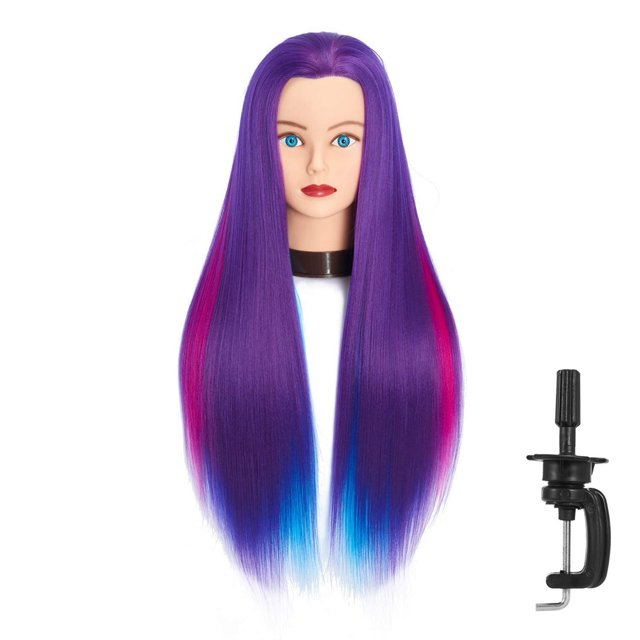 Headfix Cabeza de maniquí de pelo largo de 26 a 28 pulgadas, fibra sintética, peluquería, práctica de estilismo, cabeza de entrenamiento, maniquí de cosmetología, cabeza de muñeca con abrazadera (6F19