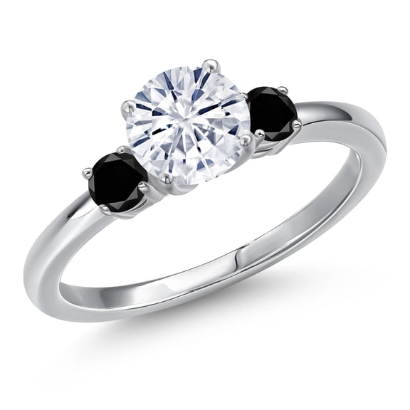 Gem Stone King 14K White Gold Moissanite and Black Diamond Engagement Ring for Women | 1.20 Cttw | Round 6.5MM | Gemstone Birthstone | Size 8