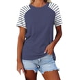 thumbnail image 2 of Tittly T Shirts for Women Spring Tops for Women Women's Round Neck Patchwork Striped Color Block Loose Casual Short Sleeved T Shirt Tshirts Shirts Basic Tees Dark Blue L, 2 of 4