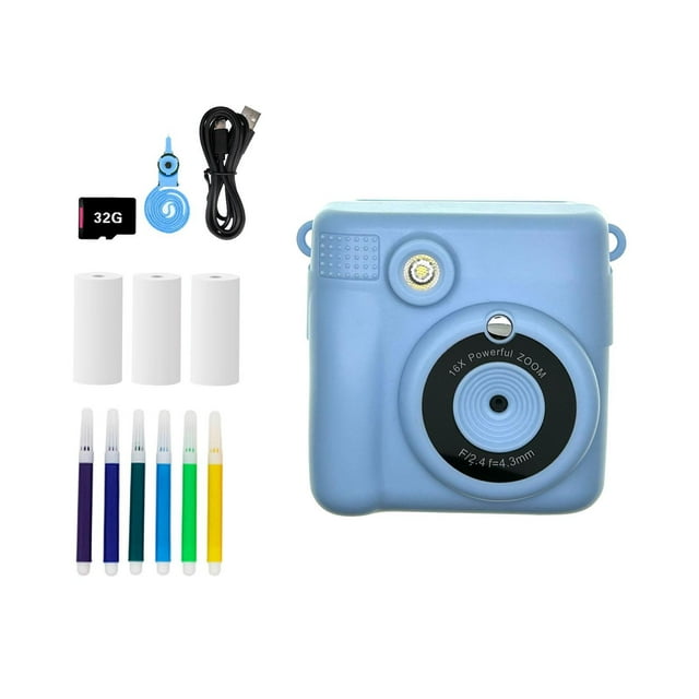 Cámara para niños con impresión instantánea, regalo divertido, cámara digital con zoom de 16x para niñas y niños Azul
