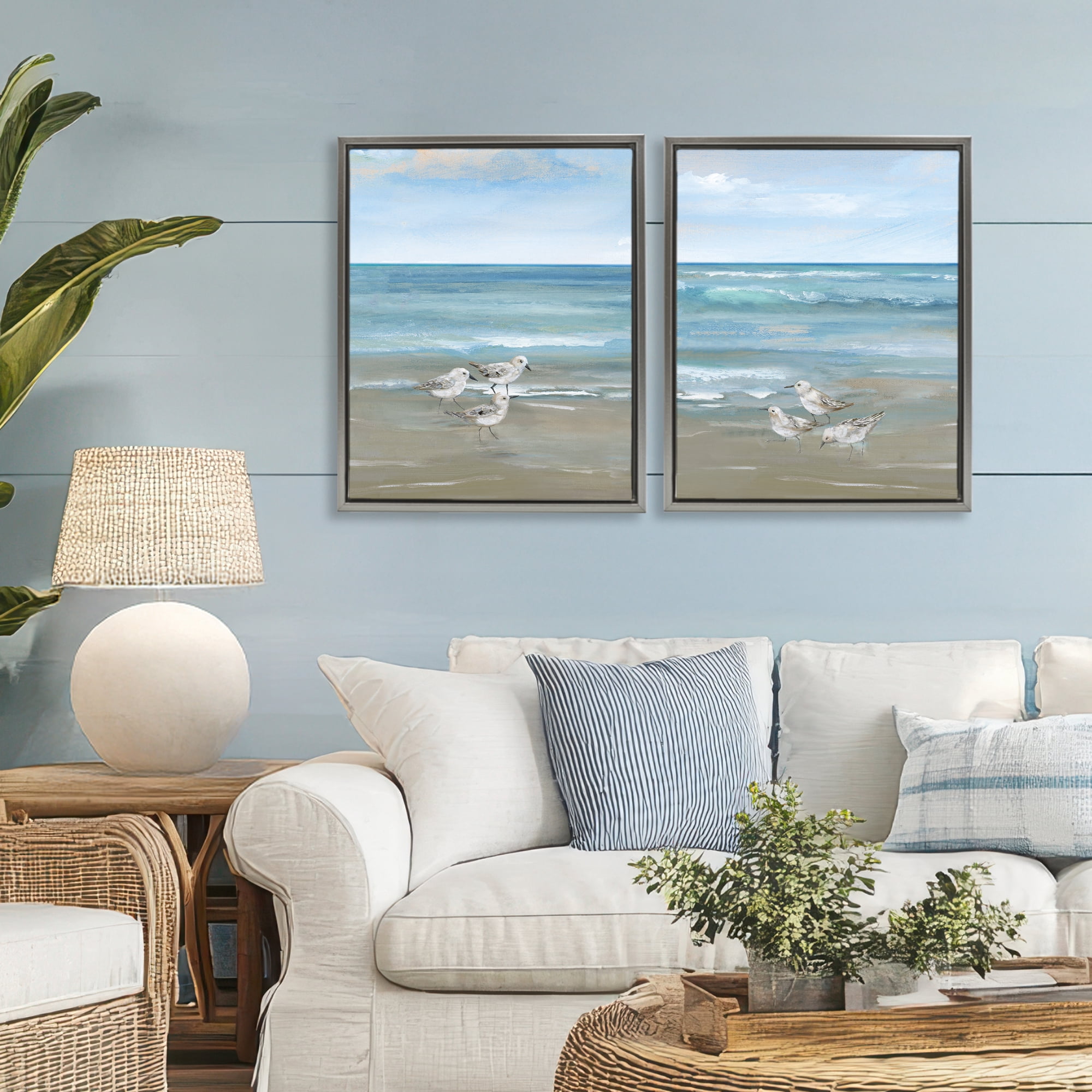 Stupell Industries Seaside Sanderlings at Dawn 2 Piece Gray Framed Floater Canvas Set, design by Nan