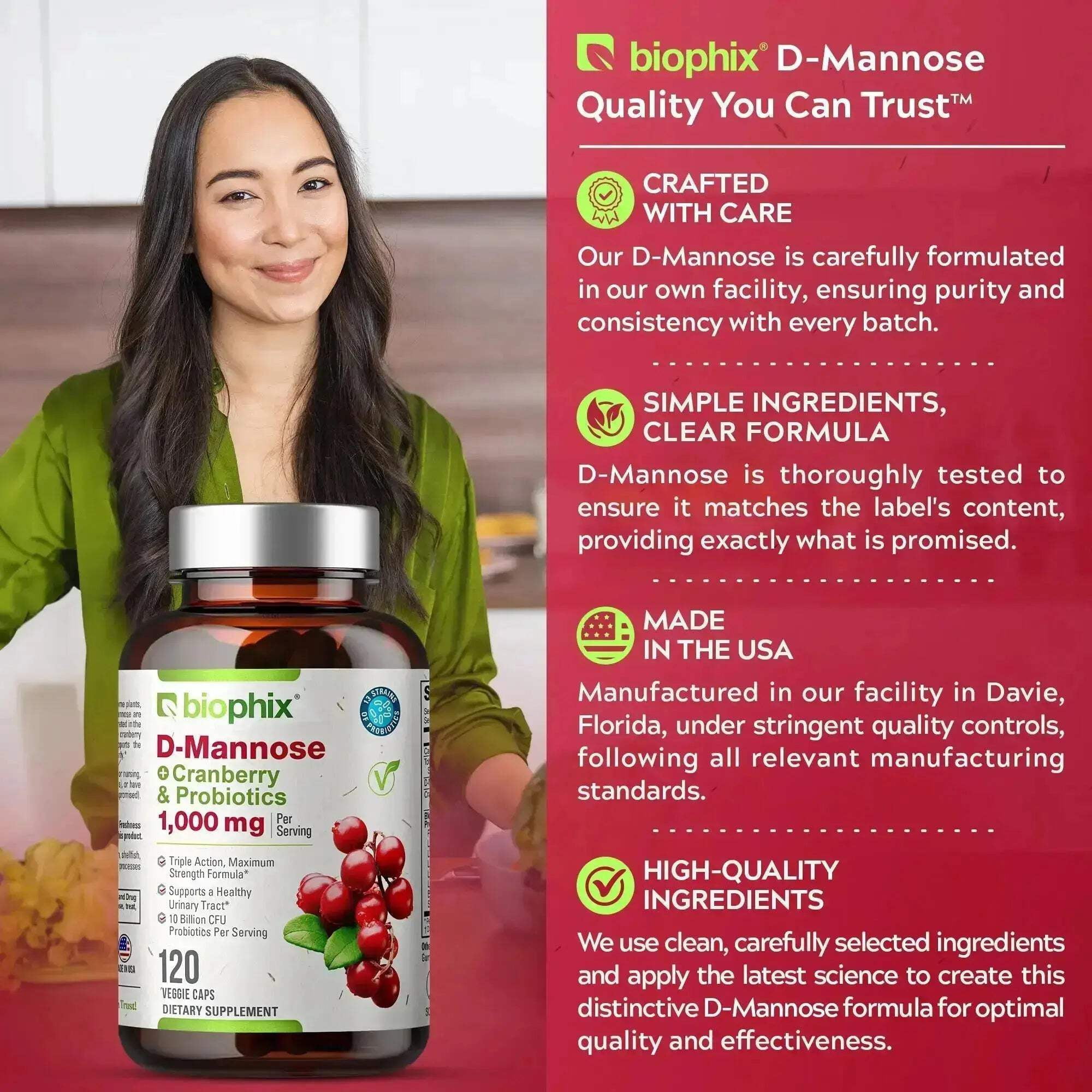 Biophix D-Mannose with Cranberry & Probiotics 1000mg - 120 Vcaps 2 Pack for Urinary Tract Health
