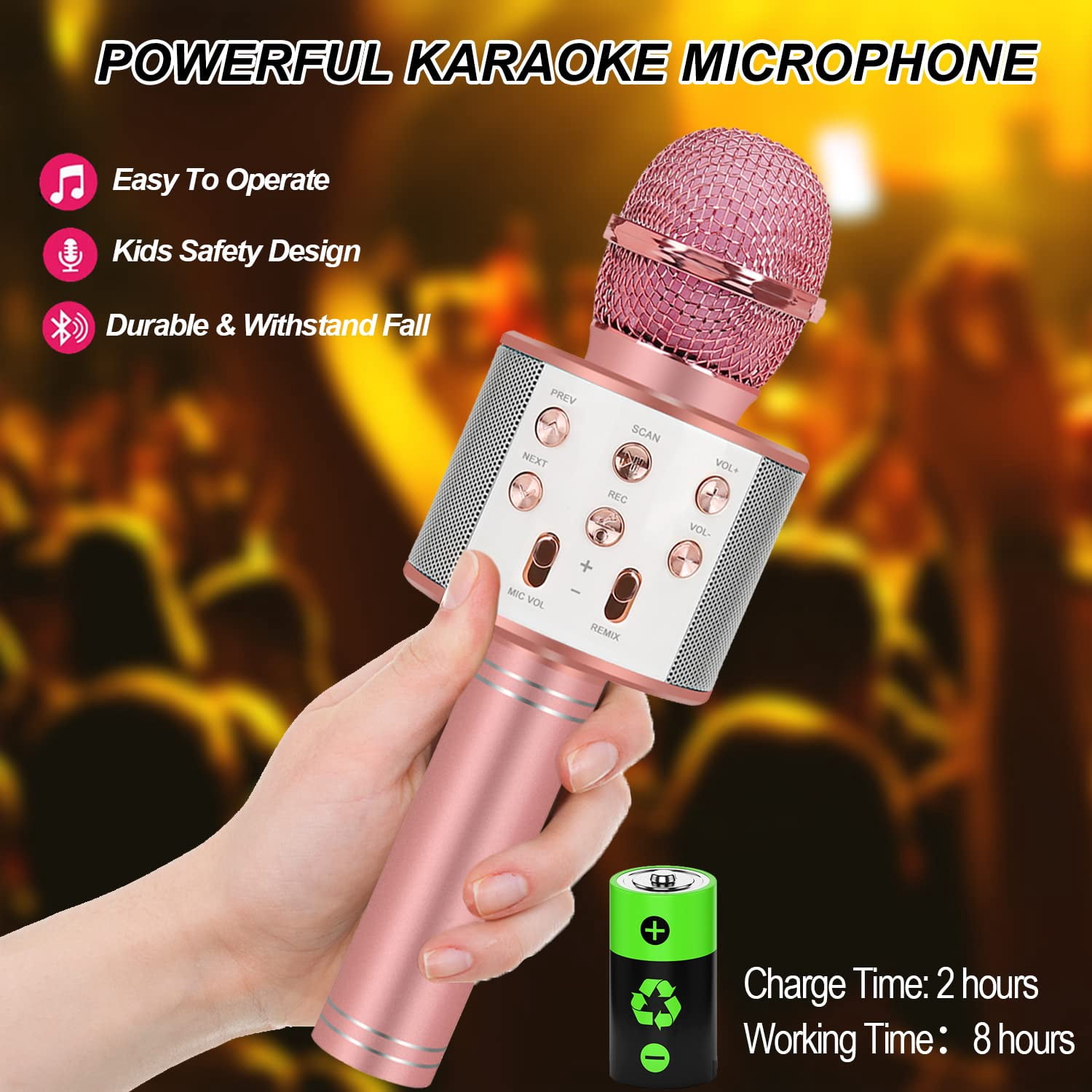 DAKIMOE Wireless Bluetooth Karaoke Microphone, Portable Handheld Singing Microphone for Kids Adults with Stereo Speaker and Voice Changer for All Smartphones, Gifts for Girls Kids Adults, Rose Gold