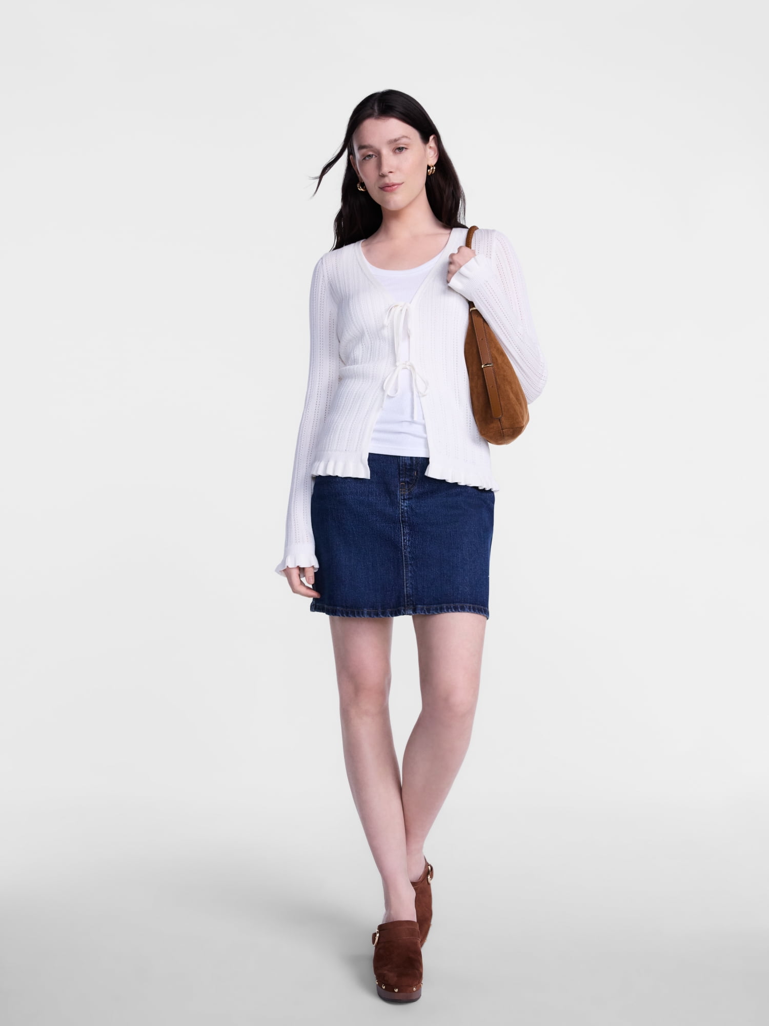 Scenario Women's Eyelet Tie Front Cardigan, Lightweight, Sizes XS-XXXL