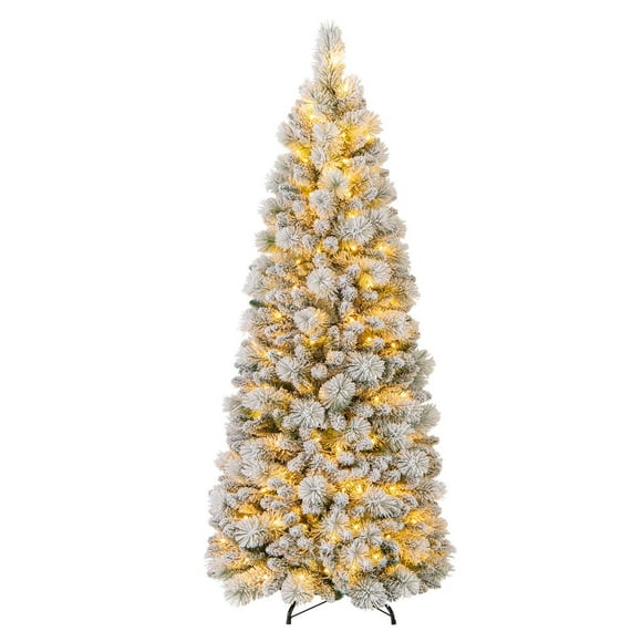 Costway Árbol de Navidad flocado de 180 cm con agujas de pino, 517 puntas de ramas, 170 luces LED