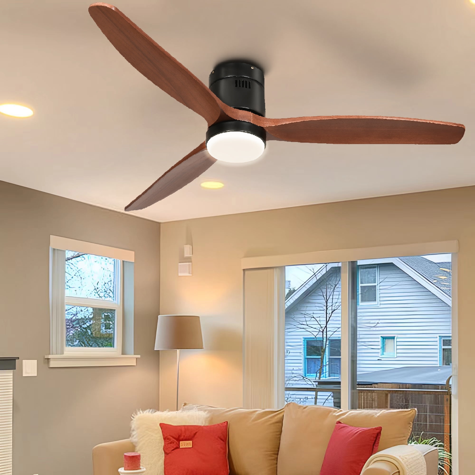 Uforic 52 Inch Low Profile Ceiling Fan with Lights Remote with Alexa, Flush Mount Ceiling Fan with 6 speeds - Black & Walnut