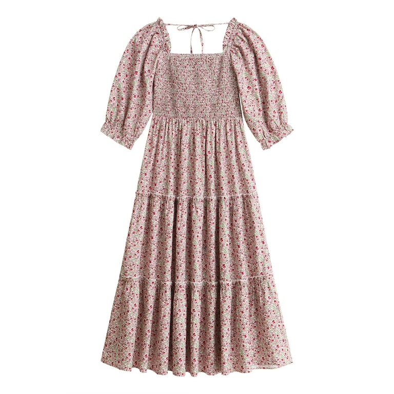 FYMNSI Summer Dresses for Women Mommy and Me Floral Smocked Tiered Dress  Half Sleeve Spring A-Line Party Ruffle Dress L - Walmart.com