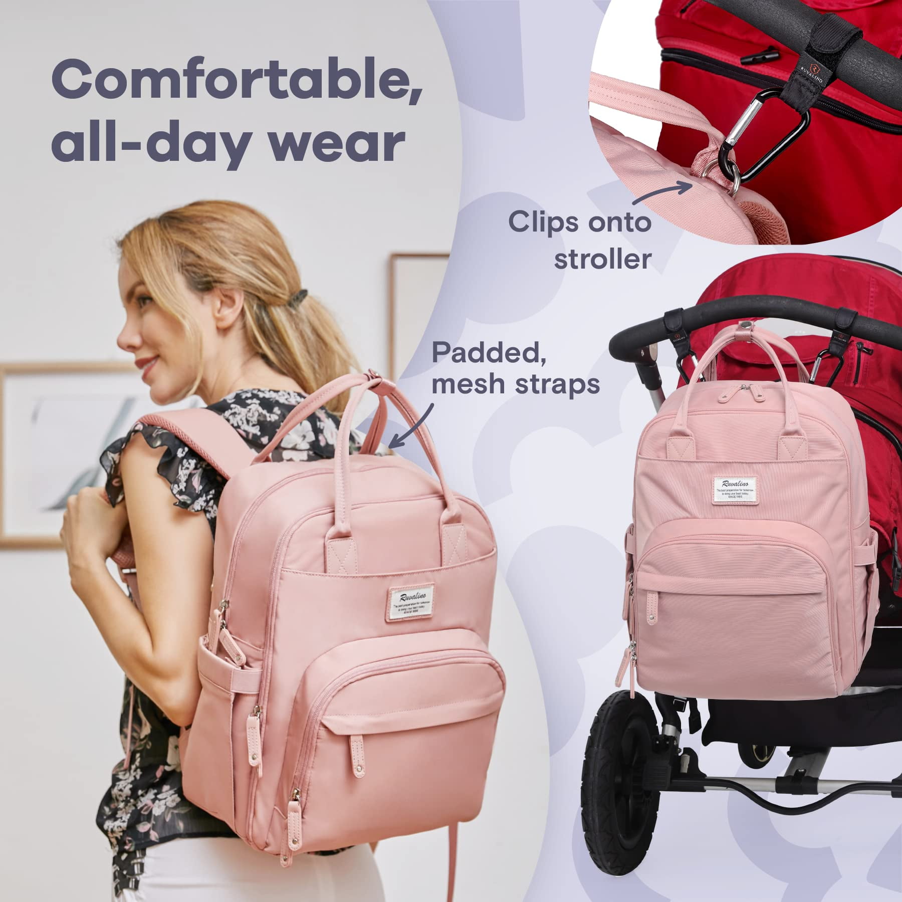 Ruvalino Baby Diaper Backpack for Infants and Toddlers, Large Capacity Travel Organizer with Insulated Bottle Pockets, Waterproof, Pink