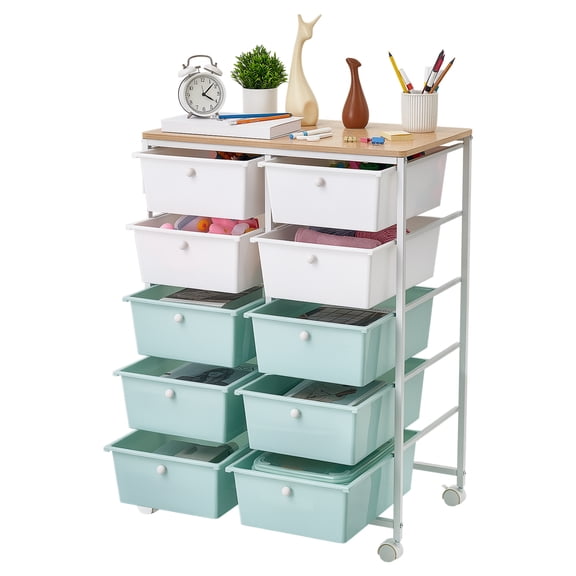 VEVOR Rolling Cart with Drawers, Double Row 10 Drawer Storage Organizer, Mobile Utility Cart, Wood Top, Steel Frame, Universal Casters & 2 Brakes, for Office, Classroom, Craft Room, Studio,Blue White