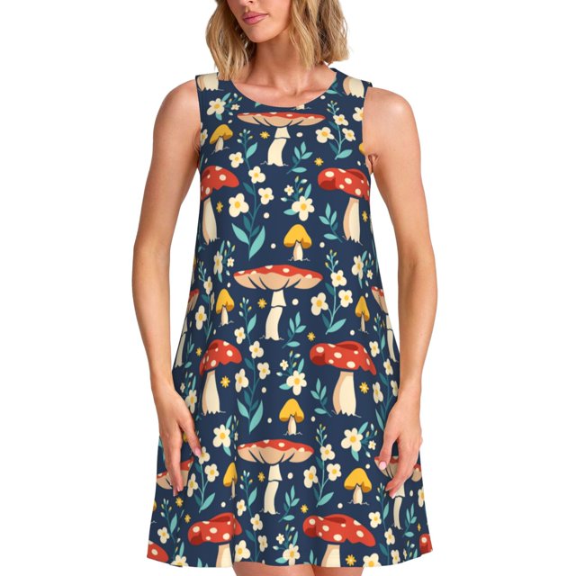 Balery Colorful Mushrooms Vestidos de verano para mujer con estampado: vestido holgado sin mangas, vestido playero informal y cómodo para días calurosos.