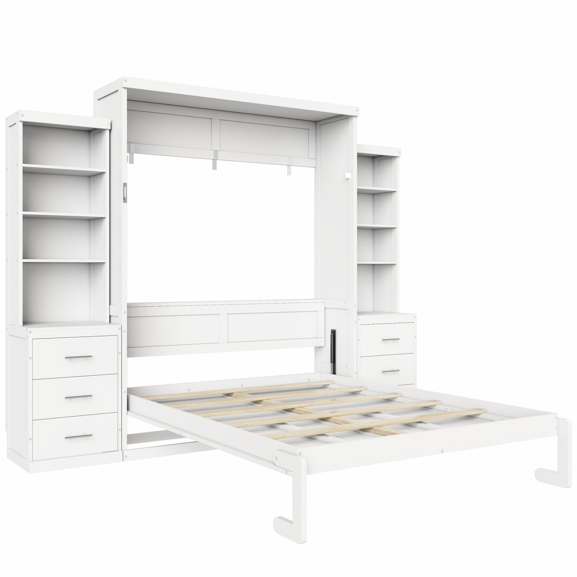 Full Size Murphy Bed with Dual 4 Storage Shelves and 3 Drawers Cabinet for Space-Saving Guest Room