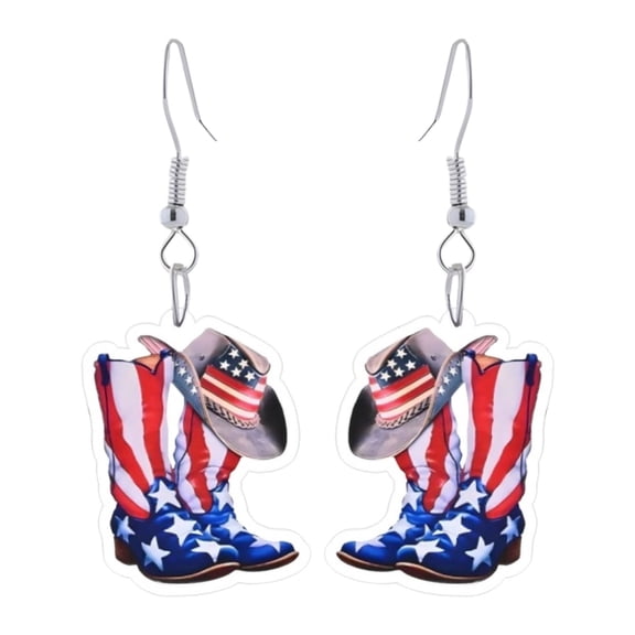 American Flag Cowboy Hat Acrylic Dangle Earrings, Patriotic 4th of July Earrings for Women, USA Western Style Drop Earrings, Lightweight Independence Day Jewelry 2-Piece Set