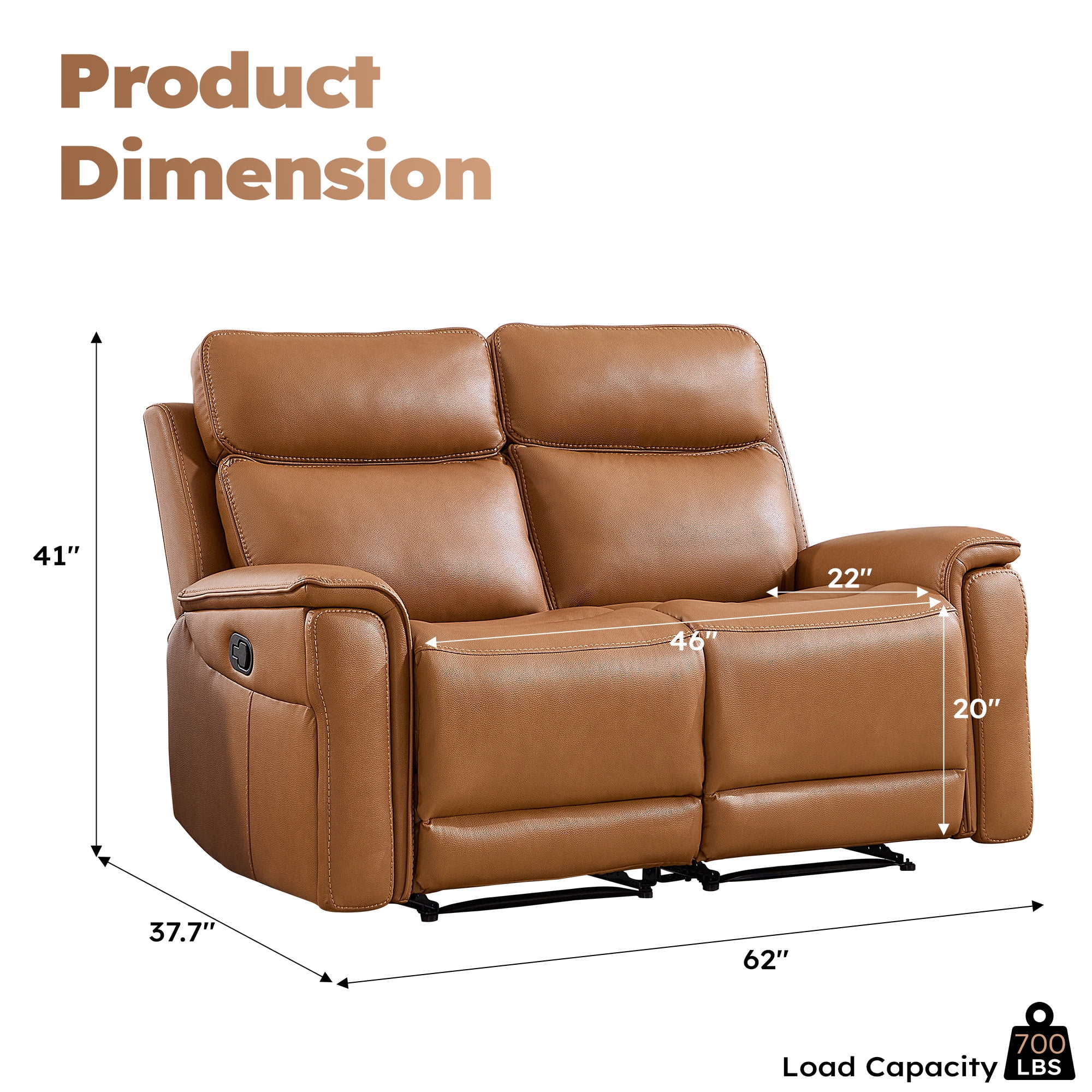 Ebello 2-Seater PU Leather Manual Recliner Sofa - Wall Hugger Loveseat with Hidden Cup Holder, Overstuffed Arms and Back, Reclining Couch for Small Spaces, Brown