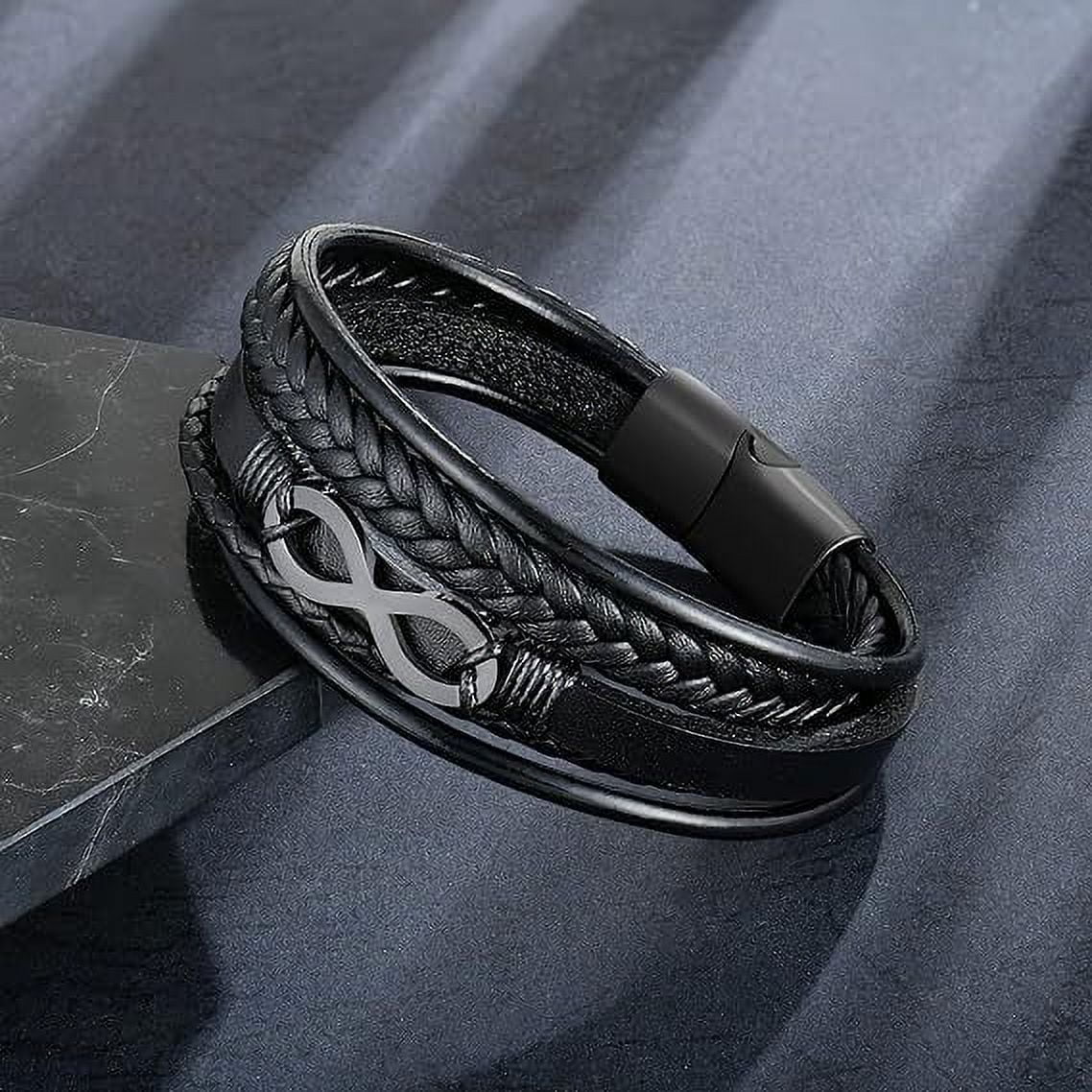 Raymard Mens Infinity 8 Multi-Layer Leather Bracelet,8.5" Black Braided Bracelet for Men