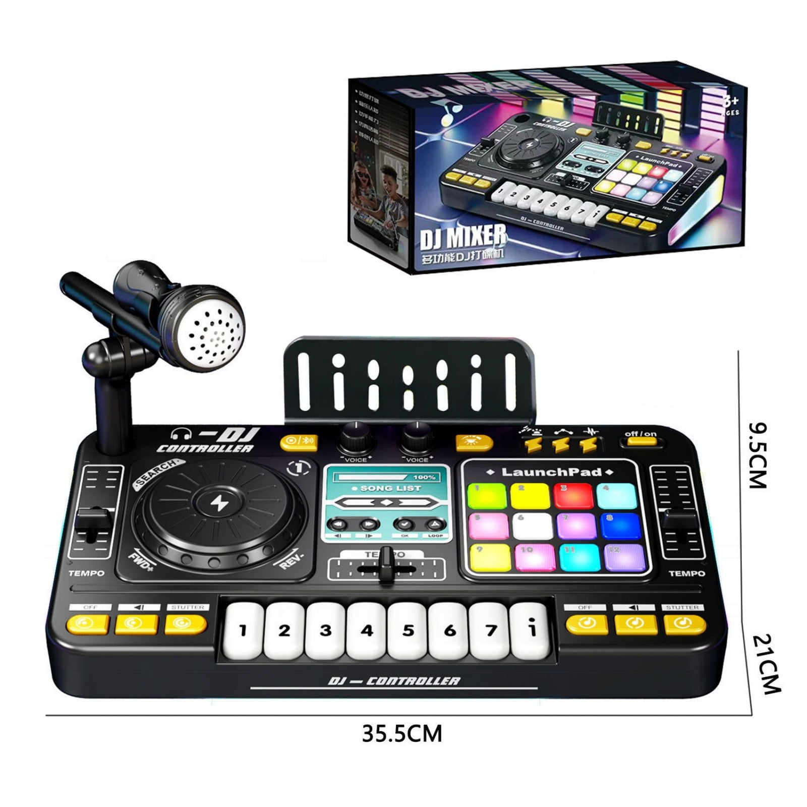 Interactive Kids DJ Mixer With Light Up Buttons Realistic Sound And Built In Microphone For Early Music Education