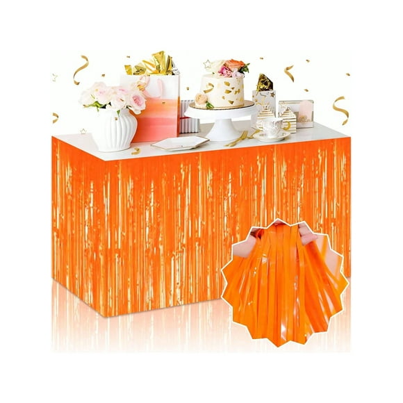 Nvzi Juego de 5 faldas de mesa con flecos metálicos de color naranja de 29 x 108 pulgadas (9 pies de largo), faldones desechables de oropel para carrozas de desfile,cumpleaños, baby shower, boda