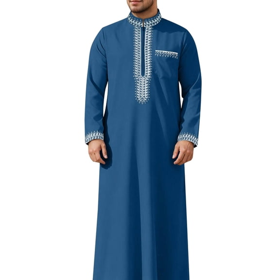 SIYUDAN Kaftan for Men Casual Long Sleeve Mens Thobe Embroidered Muslim Shirts for Men Blue Robe Men