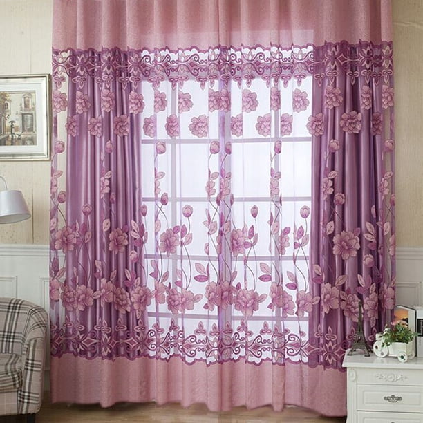 Cortina De Gasa Cortina de ventana de sombreado de gasa de tul floral (púrpura claro