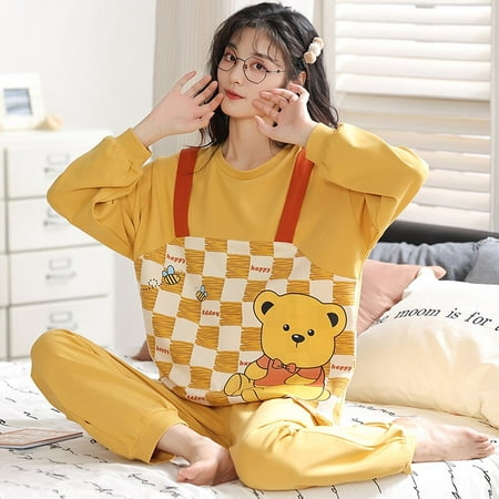 

QWZNDZGR Autumn Pure Cotton Pajama Sets Women Pyjamas Cartoon Bear Plaid Sleepwear Loungewear Pijama Mujer Nightsuits Homewear Fashion