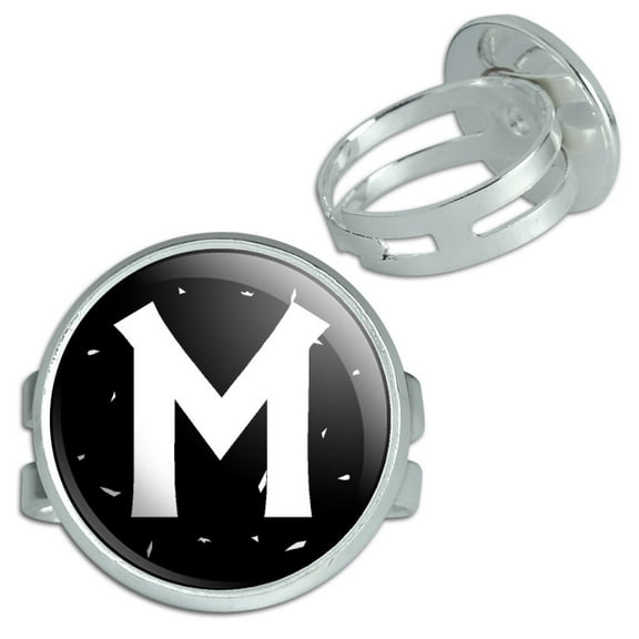 Letter M Initial Black And White Silver Plated Adjustable Novelty Ring