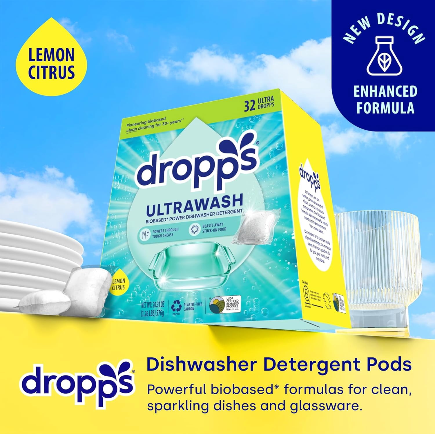 UltraWash Dishwasher Pods, Lemon Citrus (32 Count) - Biobased Power Deep Clean Dishwasher Detergent Tablets for Sparkling Shiny Dishes - No Rinse Aid or Pre-Wash Needed - Dishwashing Pods