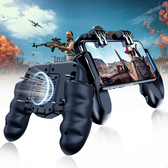 Mobile Phone Controller,4 Trigger Mobile Game Controller with Cooling Fan Fit for PUBG/Call of Duty,L1R1 L2R2 Gaming Grip,6 Finger Operation Gamepad Fit for 4.7-6.5" iOS/Android Phone