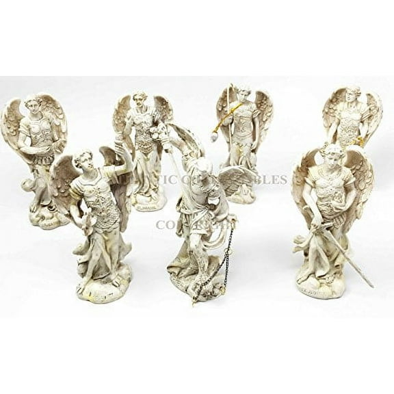 Seven Archangels Of The Holy Book Michael Gabriel Raphael Sealtiel Barachiel Uriel Jegudiel Figurine Miniature Set Sculptures In Ivory Paint Finish