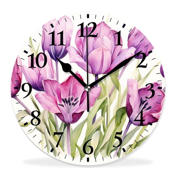 14 Inch Wall Clock Battery Operated Silent Clock Decorative for Office, Kitchen, Outdoor, Living Room，Spring Beautiful Beautiful and Purple Tulips Flower Multicolor