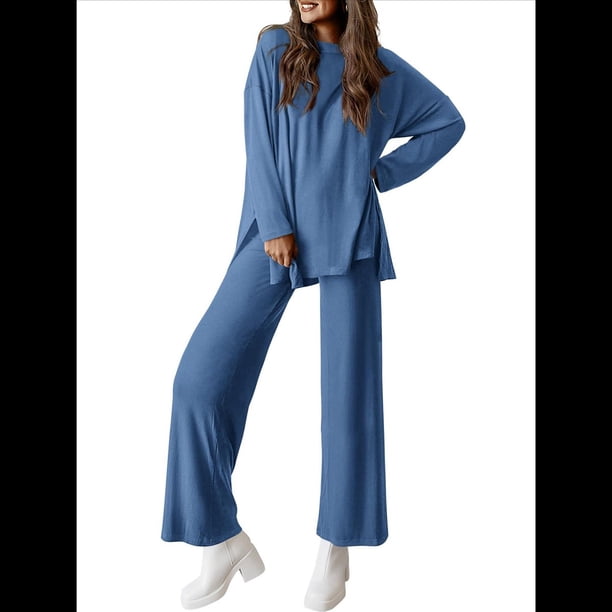 Conjuntos de Dos Piezas para Mujer, Camisetas de Larga A Juego, Pantalones Anchos y Chándales, Ropa de Otoño. Azul S