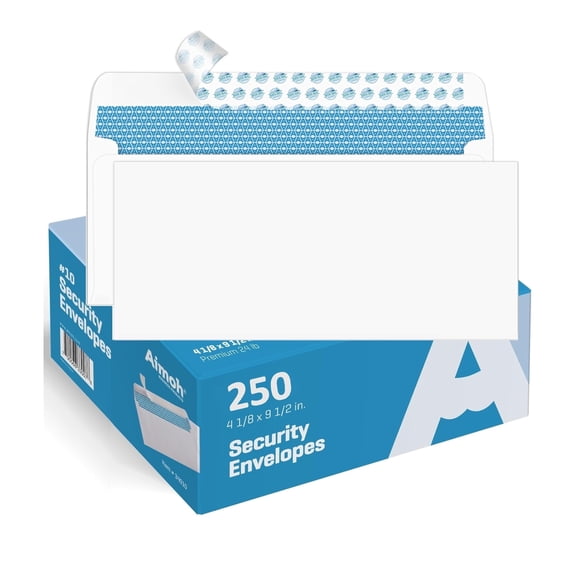 Aimoh 250#10 Security Self-Seal Envelopes, Windowless Design, Premium Security Tint Pattern, Ultra Strong Quick-Seal Closure - EnveGuard - Size 4-1/8 x 9-1/2 Inches - White -24 LB (34010-250)