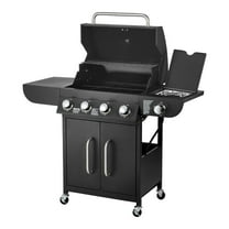 KFFKFF 4-Burner Propane Gas Grill with Side Burner, 425 SQ.In Cooking Surface, Carbon Steel Enamel Grates, Outdoor 52,000 BTU BBQ Grill with Dual Side Shelves, Durable Carbon Steel Construction