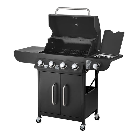 KFFKFF Gas Grill, 4 Burner Propane Gas Grill with Side Burner, 425 SQ.In Grilling Area, Carbon Steel Enamel Grates, Outdoor 52,000 BTU Patio Garden BBQ Grills