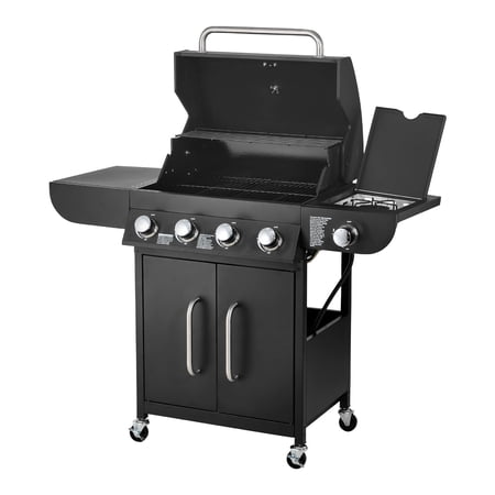 KFFKFF 4-Burner Propane Gas Grill with Side Burner 425 SQ.In Cooking Surface Carbon Steel Enamel Grates Outdoor 52 000 BTU BBQ Grill with Dual Side Shelves Durable Carbon Steel Construction
