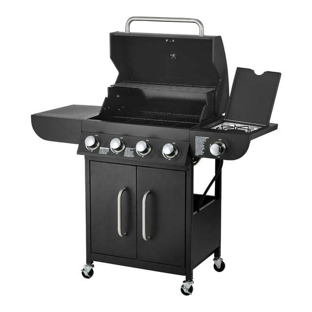 KFFKFF Gas Grill, 4 Burner Propane Gas Grill with Side Burner, 425 SQ.In Grilling Area, Carbon Steel Enamel Grates, Outdoor 52,000 BTU Patio Garden BBQ Grills