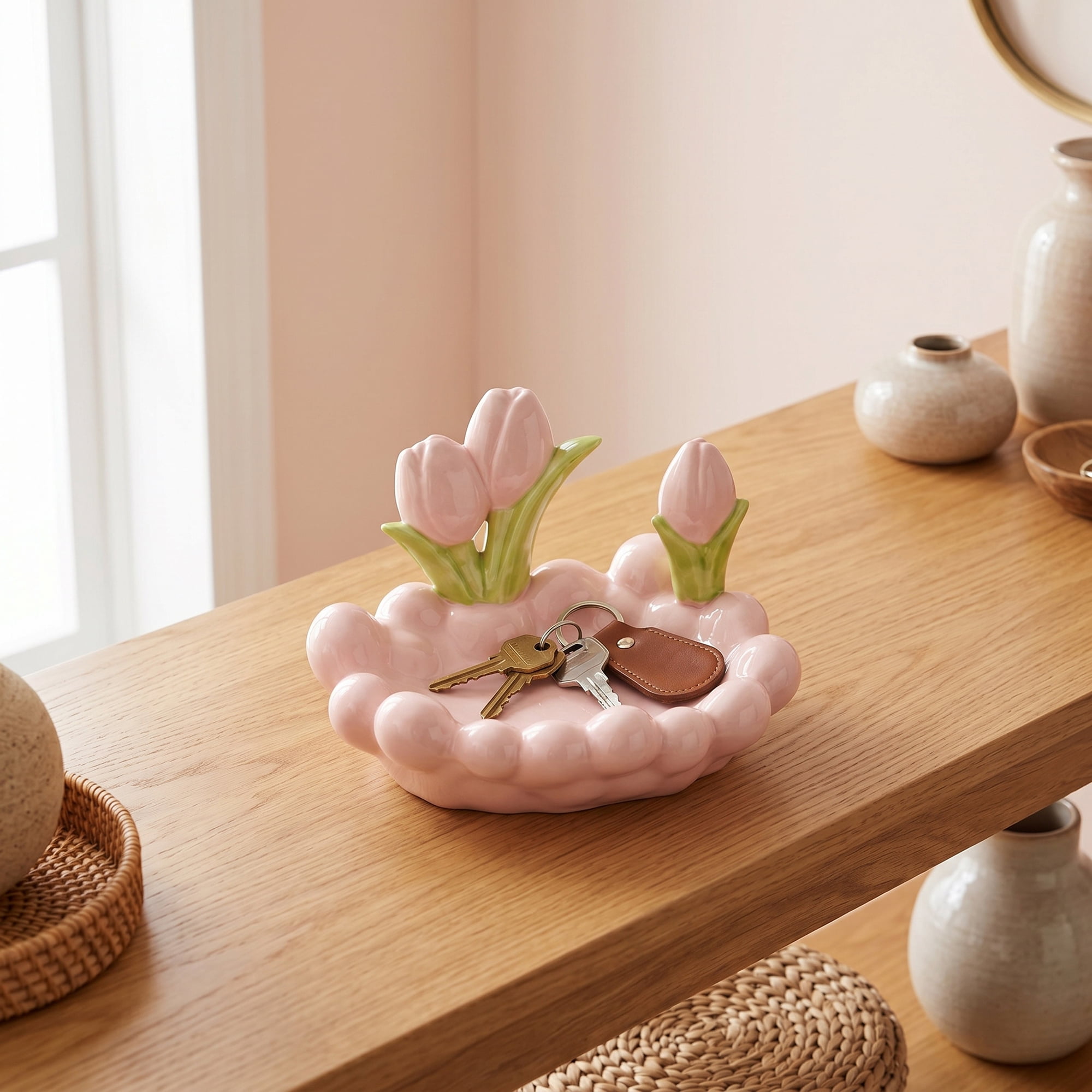 Unique Bargains Tulip Ceramic Flower Storage Jar with Lid Pink 7.5" x 5.1" x 5.1"