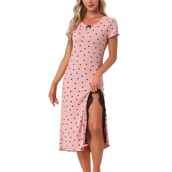 DARING DIVA Women's Short Sleeve Heart Print Lace Trim Ribbed Nightgown S Pink