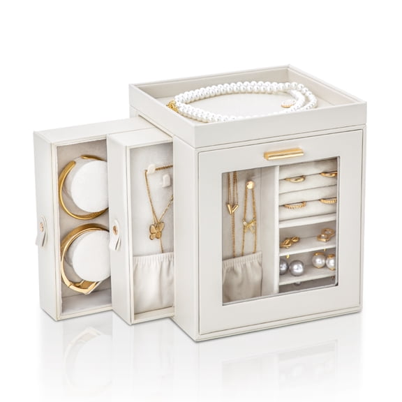 Casegrace 360° Rotatable Jewelry Box With Built-in Expandable Mirror, Side Storage Compartments With Clear Flip Window, Dual Pull-out Side Drawers Orgaznier for Rings, Earrings, Necklaces
