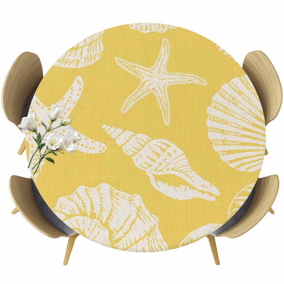 Yellow Starfish Coastal Round Tablecloth 45-54 Inch Round Fitted Table Cloth with Elastic Edge, Shell Coral Summer Beach Nautical Ocean Waterproof Table Cover Protector for Outdoor Picnic Party